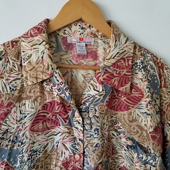 Vintage 80s Stunt Collection 100% Silk Floral Artsy Button Front Shirt Large - Picture 3 of 14
